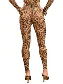 Women's Sexy Sheer Mesh Leopard Long Pant Summer Beach Yoga Workout Skinny Legging Pant