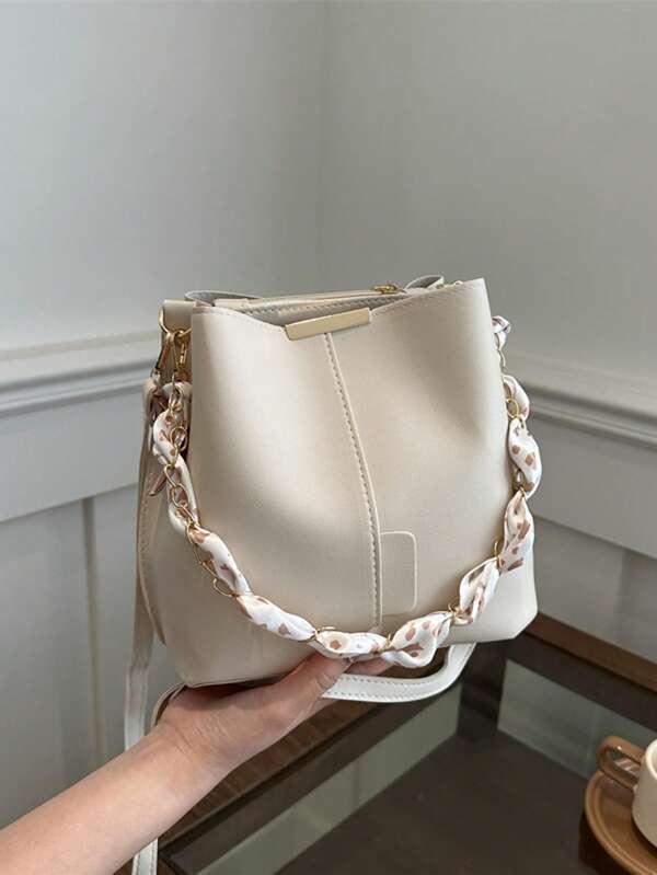 PU Leather Bucket Bag With Chain Accent, Crossbody For Women