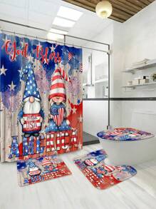 1/4 pièces Set de rideau de douche pour la fête de l'indépendance, avec imprimé de gnome du jour de l'indépendance américaine, rideau de douche avec drapeau américain, motif bannière étoilée, en tissu de polyester, set de salle de bain avec 12 crochets, tapis antidérapant, tapis en U, couvercle de siège de toilette, décoration du Memorial Day et du jour de l'indépendance, Toute saison