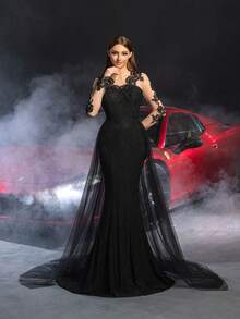 Luxury Bridal Wedding Dress | Sheer Sleeves And Intricate Back Embroidery - Fluffy Sheer Train, Ideal For Red Carpet Events, Bridal Receptions, Dreamlike Galas, And Charming Photoshoots - Black - View 5