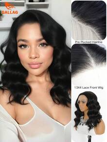 13x4 蕾丝前假发 14 英寸黑色短鲍勃深波浪 180% 密度无胶耐热合成假发，短发假发自然发际线，适合女性日常使用 - 黑色 - 查看 1