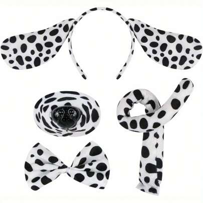 4 Pcs Dalmatian Dog Costume Set Dog Ears Headband Dog Nose Tail And Bowknot Animal Fancy Dress Dalmatian Costume Party Accessories For Halloween, Birthday, Christmas, Cosplay Dress Up Party Decorations