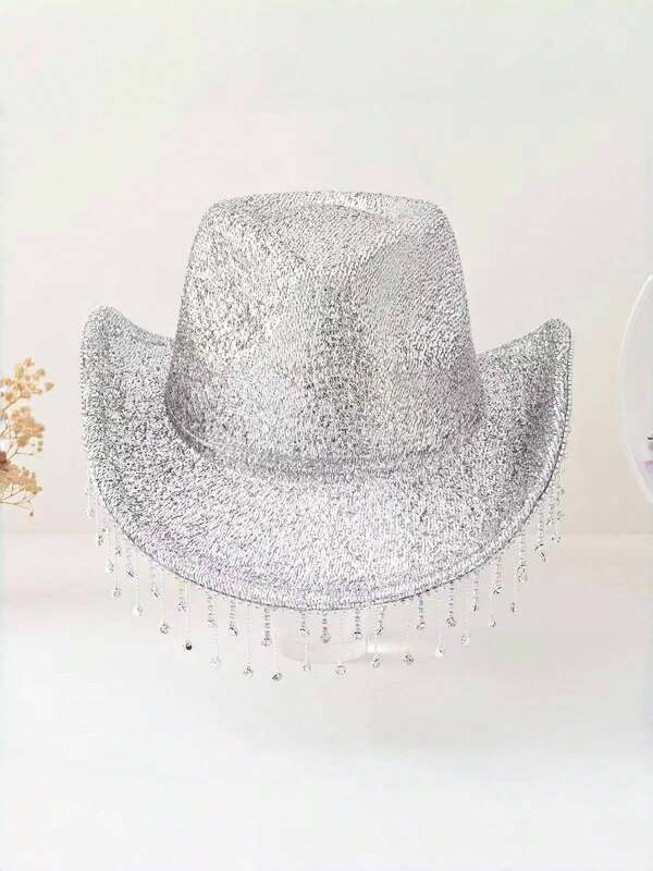1pc Shiny Retro Party Polyester Cowboy Hat, Suitable For Both Women And Men, Cute Cowgirl Hat, Beach Hat, July 4th, Fun Hat, Sun Hat, Summer Hat For Ladies