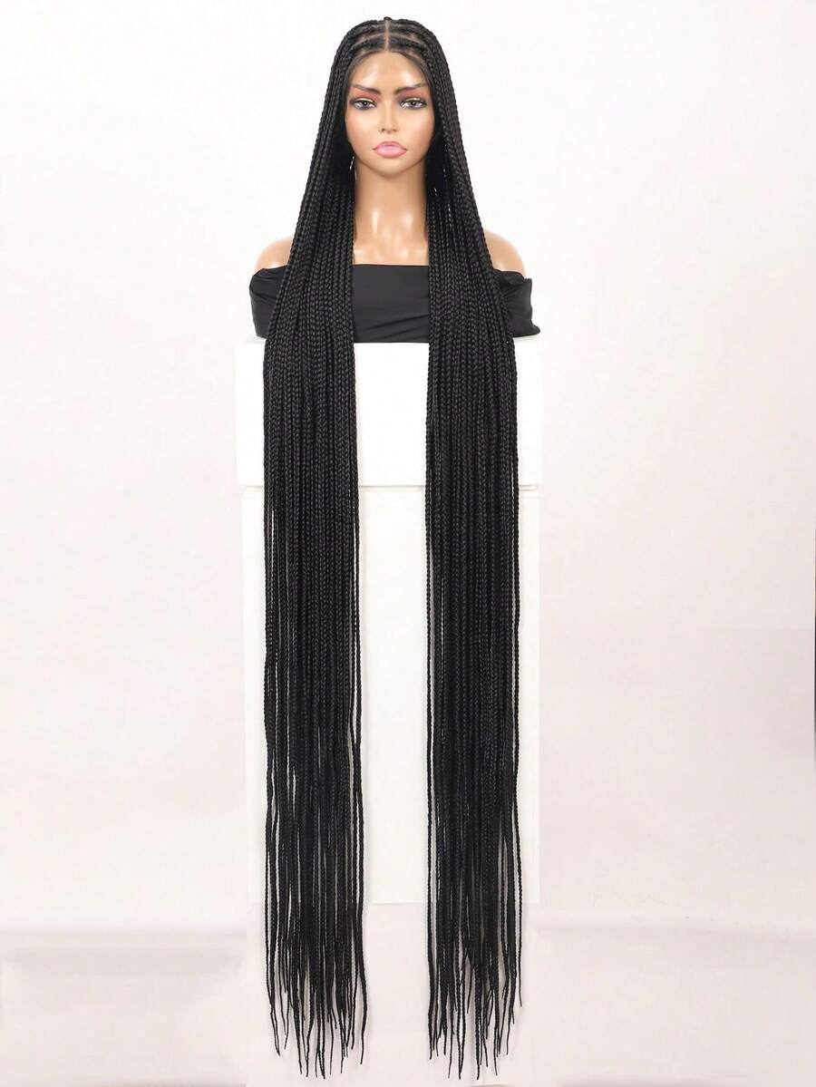 56 Inch Full Lace Extra Large Braided Wig With Baby Hair, Handmade Super Long Braided Lace Front Wig, Synthetic Embroidered Lace Braided Wig For Daily Use - 彩色 - 查看 1