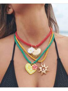 1 pieza Collar informal de estilo vacacional con cuentas de cuerda, corazón de dopamina y girasol, apto para hombres y mujeres - Multicolor - Ver 3