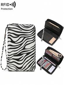 MIYIN 时尚复古豹纹/牛纹多功能大容量三折信用卡夹，男女通用，RFID屏蔽钱包，可放置信用卡/身份证/硬币/现金/收据，商务休闲荔枝纹压花拉链口袋手拿包，生日礼物，周年纪念日防盗钱包，日常钱包，钱包，长钱包，腕带钱包，防盗钱包 - 彩色 - 查看 14