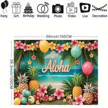2D Flat 1 Piece Hawaiian Seaside Outdoor Theme Background Banner Aloha Alphabet Pineapple Floral Pattern For Hawaiian Seaside Party Background For Vacation Party Moments Photography Background Decoration Props Vinyl Material