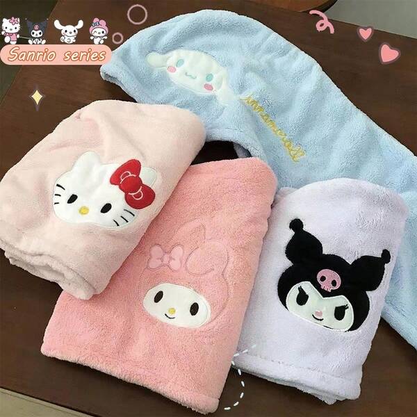 Sanrio Gorro de pelo seco estilo Sanrio, diadema de felpa coral absorbente y de secado rápido, gorro de lavado de cabello doméstico con dibujos adorables y de secado rápido sin desprendimiento del cabello, que puede absorber rápidamente la humedad del cabello después del uso diario.