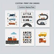 6pcs/Set Customized Canvas Posters Optional Frame, Transportation Prints, Vehicles Art Print, Printable Wall Art, Construction Nursery Art Posters, Boys Room Decor Posters, Alphabet Cars, Little Drivers Wall Arts