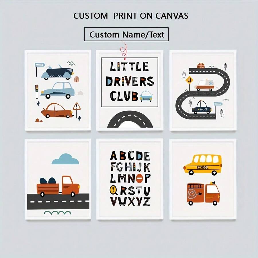 6pcs/Set Customized Canvas Posters Optional Frame, Transportation Prints, Vehicles Art Print, Printable Wall Art, Construction Nursery Art Posters, Boys Room Decor Posters, Alphabet Cars, Little Drivers Wall Arts