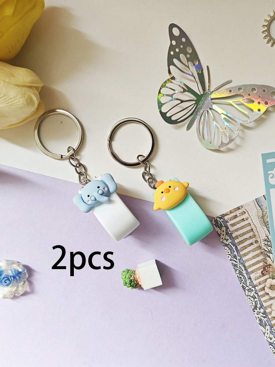 2 Pcs Cute Cartoon Chicken And Elephant Keychains Multifunctional Stapler Mini Bag Pendant Suitable For Both Men And Women Suitable For Offices And Schools Daily Decorative Accessories - Multicolor - View 1