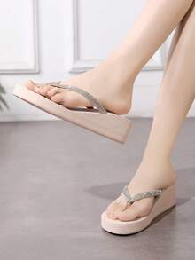 Women's Casual Rhinestone Decorative Flip Flop Sandals - Beige - View 4