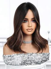 16 Inch Long Body Wave Highlight Brown Synthetic Wig Middle Part Light Blonde Long Curly Wig For Women Daily Paty Cosplay Wigs, Vacation Travel Family Party Everyday Wear, Mother's Day Gifts, Halloween Christmas Gifts, Gifts For Girlfriends, Gifts For Girlfriends - 挑染棕色 - 查看 9