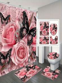 1/4 pièces Jeu de salle de bain rose floral et papillon mignon, tapis en forme de U, couvercle de toilette, avec 12 crochets - style moderne, accessoires de salle de bain de haute qualité, facile à nettoyer, convient à toutes les occasions, de retour à l'école