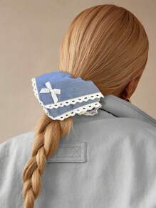 1pc Vintage Denim Blue Bowknot Hair Scrunchie, Elegant Lace Trim Hair Tie, Hair Accessories For Ponytail