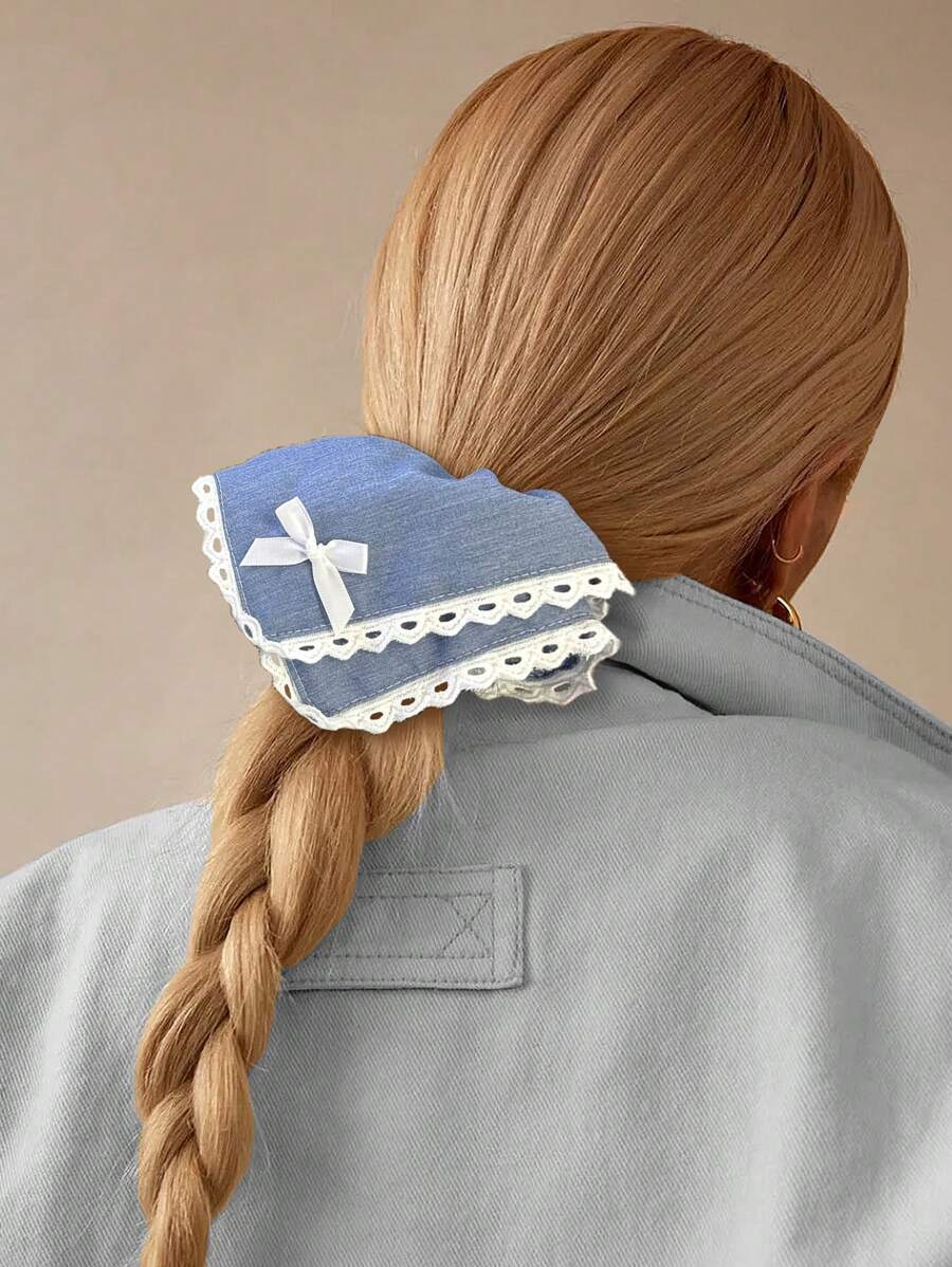 1pc Vintage Denim Blue Bowknot Hair Scrunchie, Elegant Lace Trim Hair Tie, Hair Accessories For Ponytail