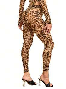 Women's Sexy Sheer Mesh Leopard Long Pant Summer Beach Yoga Workout Skinny Legging Pant
