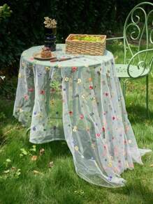 1 pieza Mantel con bordado de encaje y diseño floral colorido, estilo minimalista romántico francés para decoración del hogar y la cocina, adecuado para reuniones festivas, fiestas de cumpleaños, cenas de boda y como fondo fotográfico