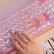 Teclado mecánico de estilo clásico de máquina de escribir EWEADN con retroiluminación blanca, teclas redondas con estética retro, durable, con conexión USB con cable para juegos y uso de oficina en PC - Rosa - Ver 7
