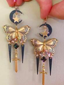 1 Pair Vintage Gothic Style Tassel Star Moon Butterfly Sword Earrings