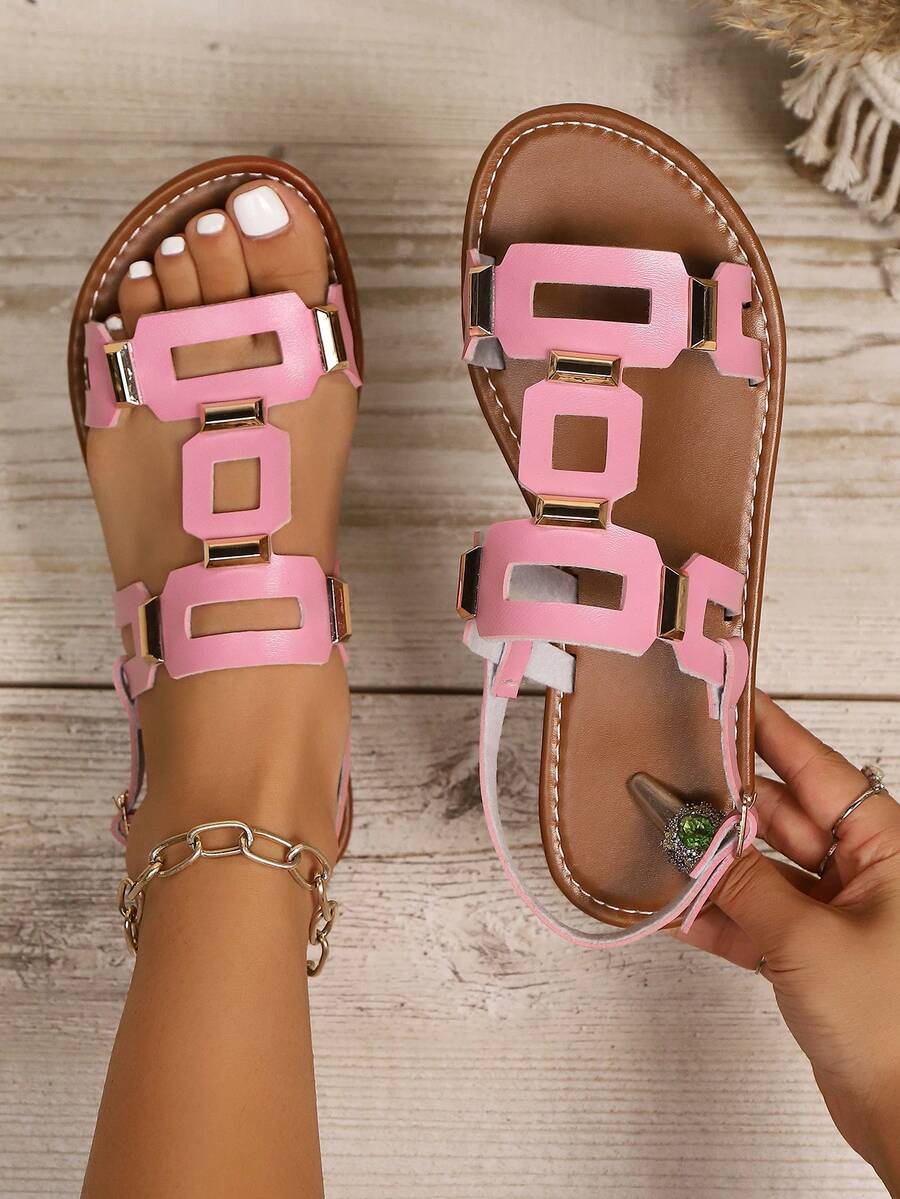 Dép đế bằng trang trí khóa vuông cho nữ, Dép đi biển mùa hè