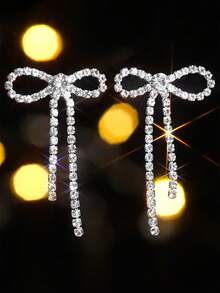 复古闪亮流苏俱乐部蝴蝶结领带水晶钻耳环耳钉婚礼派对毕业珠宝 1 对 - 銀色 - 查看 5