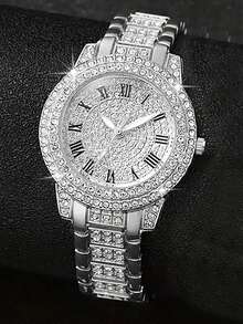 2pcs Fashion Gold Alloy Roman Numeral Rhinestone Quartz Watch & Adjustable Cuban Link Bracelet Set, Party/Birthday Gift Watch Set, Sparkling Silver Party Watch (Cuban Bracelet Detachable & Adjustable) - Silver - View 2