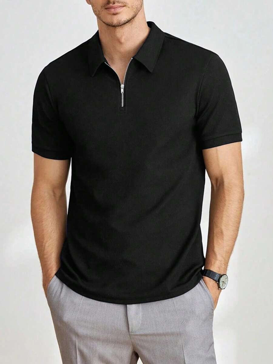 Men's Summer Turndown Collar Half Zipper Short Sleeve Shirt, Suitable For Outdoor, Vacation, & Casual Wear - Black - View 1