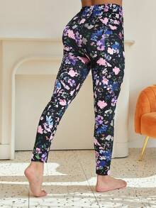 Women's Casual Fashion Sports Leggings, Black, Soft & Stretchy Material, Blue & Pink Floral Pattern, Full Plant Printed, Slim Fit, Suitable For Activities, Parties, Fitness, Yoga, Outdoor Walks, 7/8 Length