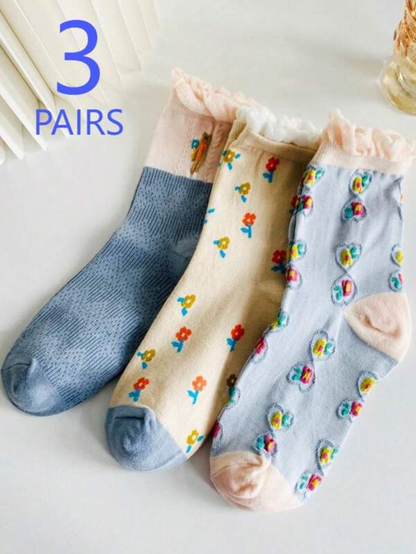 3 Pairs Women Floral Pattern Roll Edge Socks, Fashionable & Minimalist, Essential For Summer