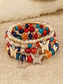 Bộ 4 vòng tay co giãn mặt dây chuyền hình bướm đính đá pha lê phong cách Bohemian, vòng tay đính hạt vàng có thể xếp chồng lên nhau dành cho nữ/bé gái, trang sức quyến rũ nhiều màu sắc, phong cách Boho mùa hè bãi biển. - Nhiều màu - Xem 22