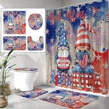 1/4 pièces Set de rideau de douche pour la fête de l'indépendance, avec imprimé de gnome du jour de l'indépendance américaine, rideau de douche avec drapeau américain, motif bannière étoilée, en tissu de polyester, set de salle de bain avec 12 crochets, tapis antidérapant, tapis en U, couvercle de siège de toilette, décoration du Memorial Day et du jour de l'indépendance, Toute saison