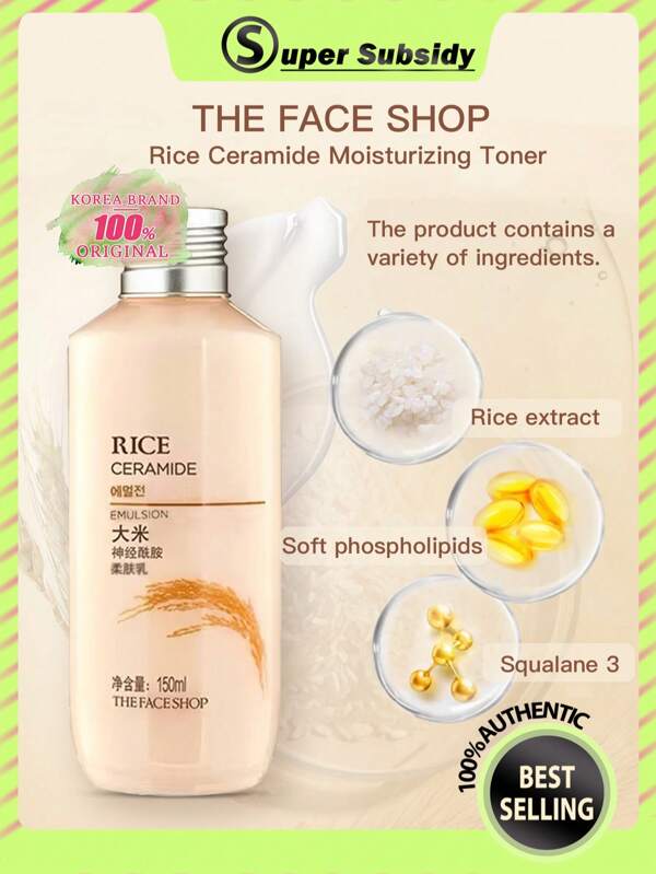 The Face Shop Emulsión hidratante de arroz y cerámica de The Face Shop | Emulsión suave para iluminar la piel y proteger la barrera | Loción facial hidratante | Nutrición profunda para una piel suave y tersa | K-Beauty | Maquillaje coreano | 150ml/5.07 fl.oz.