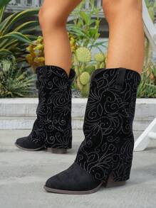 Women's Chunky Heel Pointed Toe Ruched Boot Short Boots, Outdoor Vintage Embroidered Western Boots, Autumn/Winter 2025 New Arrival