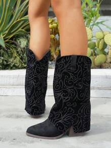 Women's Chunky Heel Pointed Toe Ruched Boot Short Boots, Outdoor Vintage Embroidered Western Boots, Autumn/Winter 2025 New Arrival