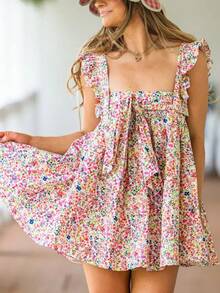 Women Ruffle Trim Babydoll Mini Dress Cute Bow Tie Flowy Sundress Loose Sling Dress Floral Going Out Dresses - Pink - View 3