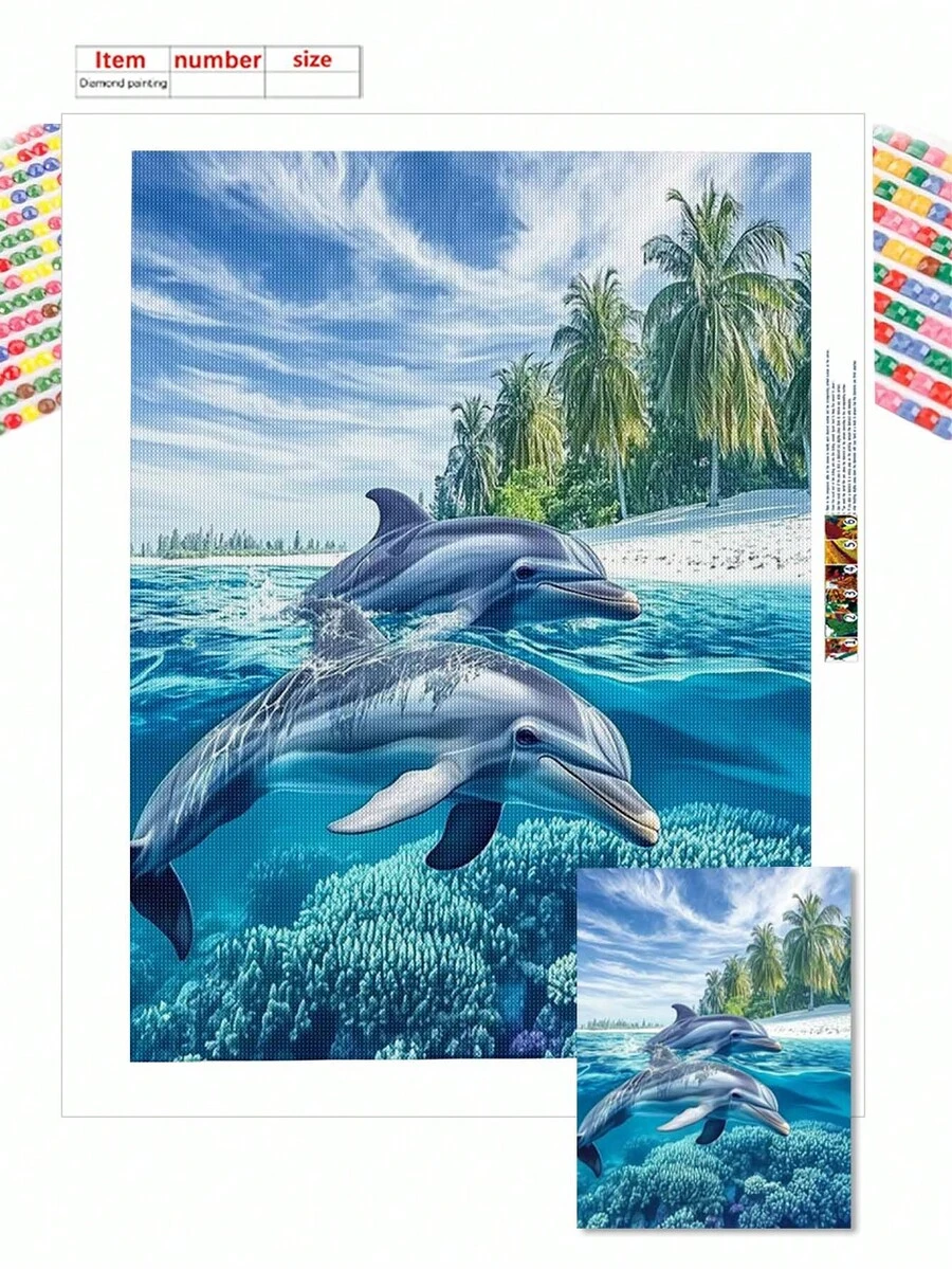 1套DIY海豚海灘場景5D鑽石畫套裝,含圓形亮面鑽石條與工具,鮮豔海洋主題畫布藝術品,適合初學者,完美適合作為臥室與客廳裝飾,無框,海豚裝飾 - 彩色 - 查看 1