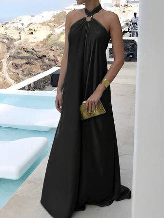 Women's Summer O-Ring Criss Cross Sleeveless Self-Tie Halter Backless Maxi Long Beach Dress