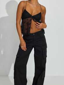 Women's Y2K Cami Tops Sleeveless Deep V Neck Floral Embroidery Mesh Camisole Spaghetti Strap Lace Trim Tank Tops Summer Casual Going Out Tops Streetwear - 黑色 - 查看 4
