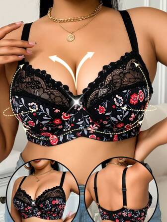 大码女士时尚日常舒适钢圈印花文胸，提升型