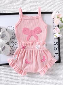 2pcs/Set Cute Embroidered Strap Romper + Shorts Outfit For Toddler Girls, Lightweight For Summer
