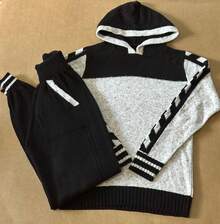 Women's Winter Mousse Set, Long Sleeve Premium Knitwear, Simple Casual Drawstring Beach, Braided Hooded Top And Pants - đen/hạt dẻ - Xem 5