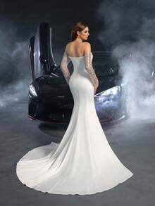婚纱新娘礼服 | 奢华露肩缎面美人鱼婚纱，搭配闪亮长袖装饰，非常适合教堂婚礼、海滩晚会、空灵的花园招待会和豪华晚宴 - 白色 - 查看 2