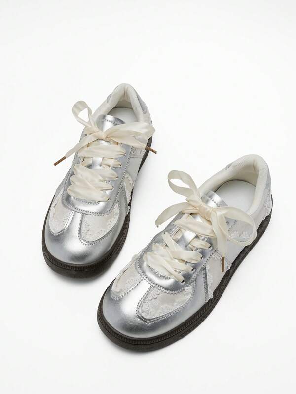 DareSee Women New Mesh Breathable Casual Sneakers Lace-Up Ballet Flat Small White Shoes MusicFest Y2KFest Back To School