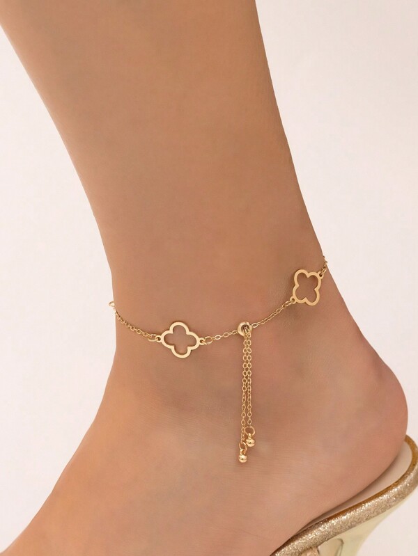 1pc Metallic Hollow Flower Anklet, Minimalist Clover Geometric Anklet, Suitable For Back To School, Halloween Party