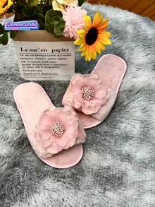 女款粉色花朵裝飾毛絨臥室拖鞋，女士春秋款米色露趾絨毛花底室內居家拖鞋，優質TPR防滑底耐用且略顯高級，花卉裝飾 - 粉色 - 查看 3