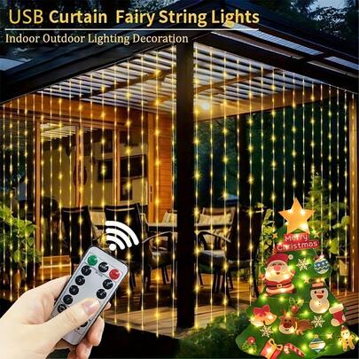 Luces de cortina con LED alimentadas por USB, 8 modos, sensor IR, decoración de Navidad/Halloween, interior/exterior, adecuadas para fiesta, balcón, patio, jardín - 100/200/300/600 LED (Multicolor/Blanco cálido/Blanco)