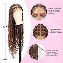36英寸360°高清全蕾丝编织假发，女士波西米亚风编织假发，带婴儿发，盒式辫假发，手工钩编合成全蕾丝编织假发，发尾卷曲，日常佩戴 - 彩色 - 查看 9