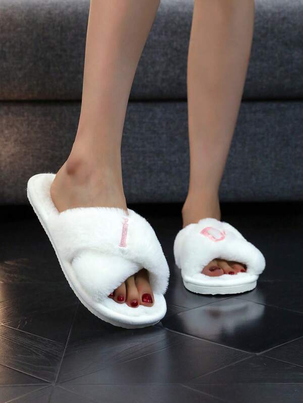 Embroidered Crisscross Fluffy Women's Slippers, Stylish Lightweight Quiet Household Slippers, White Female Gift Slippers