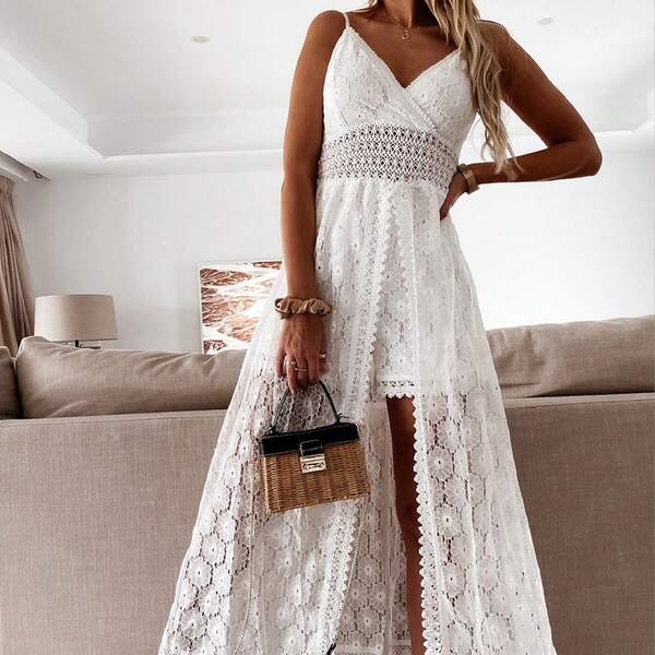 Womens Y2K Casual Bodysuit Solid Color Hollow Out Floral Lace Sleeveless Sling Party Split Romper Maxi Dress Lace Playsuit Sundress